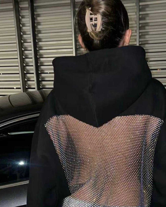 Rhinestone Mesh Panel Hoodie