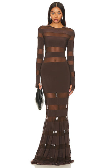 Chocolate Brown Sheer Paneled Maxi Dress