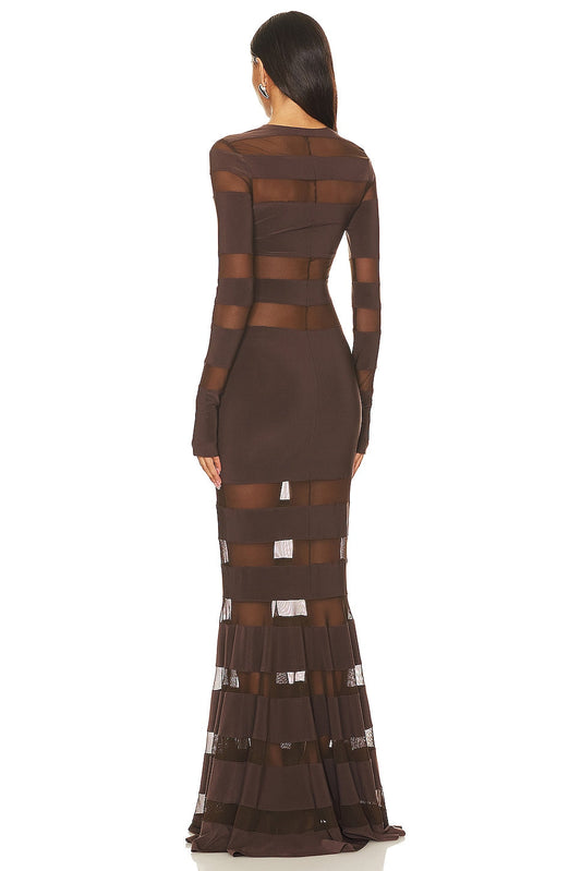 Chocolate Brown Sheer Paneled Maxi Dress