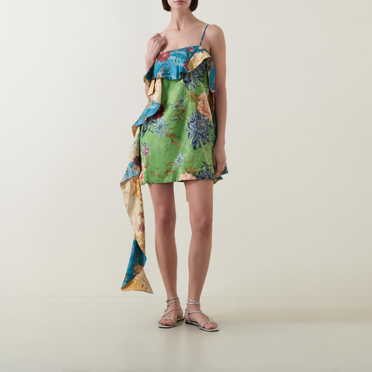 Multicolor Floral Print Asymmetric Ruffle Mini Dress