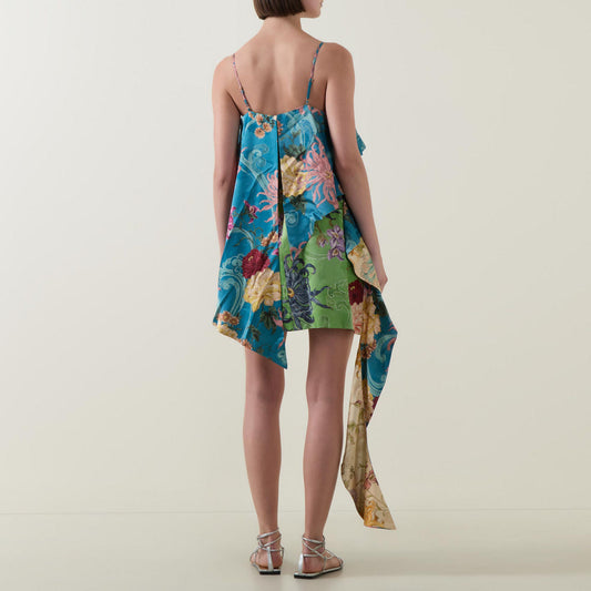 Multicolor Floral Print Asymmetric Ruffle Mini Dress
