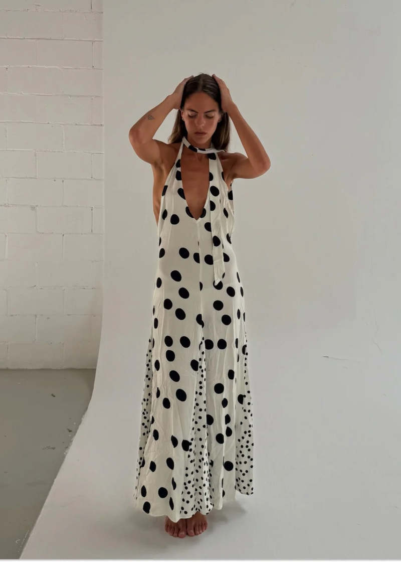 Halter Neck Polka Dot Maxi Dress