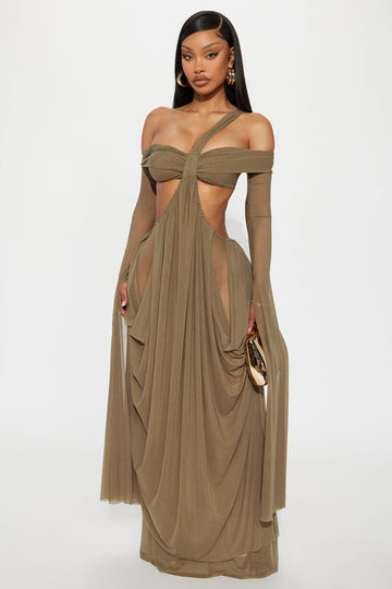 Sheer cutout one-shoulder long dress