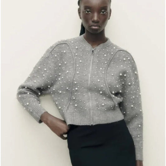 Pearl trim knit bomber cardigan