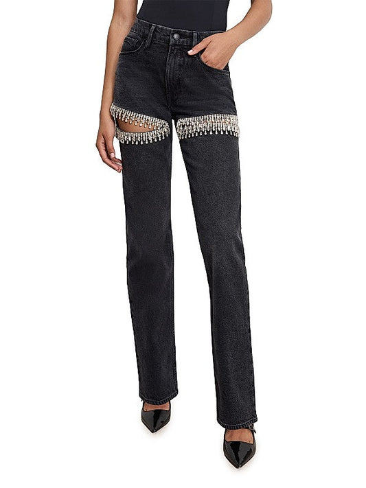 Crystal Fringe Distressed Denim Jeans