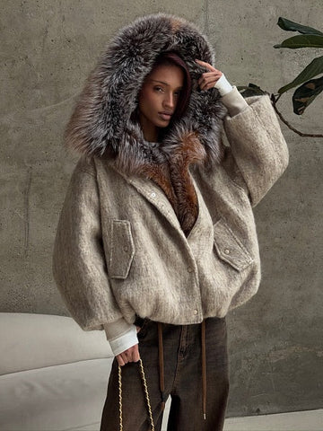 Luxury Faux Fur Hooded Wool-Blend Coat – Oversized Winter Jacket