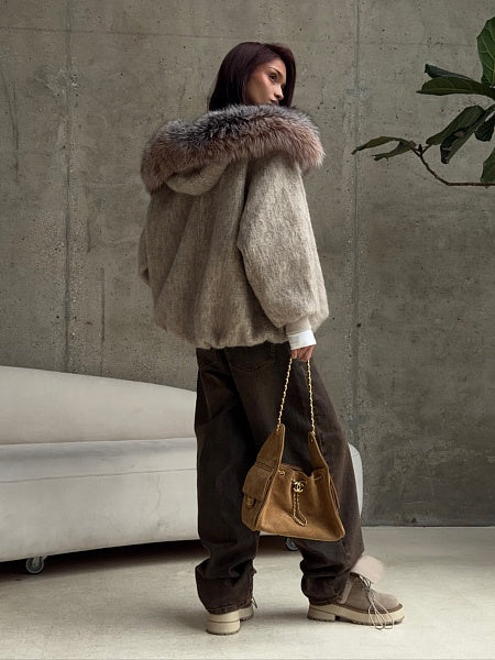 Luxury Faux Fur Hooded Wool-Blend Coat – Oversized Winter Jacket