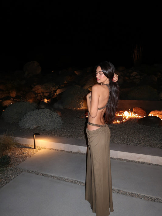 Grayish brown openwork embellished long dress