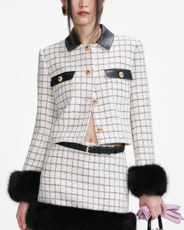 Black and white checkered tweed short jacket