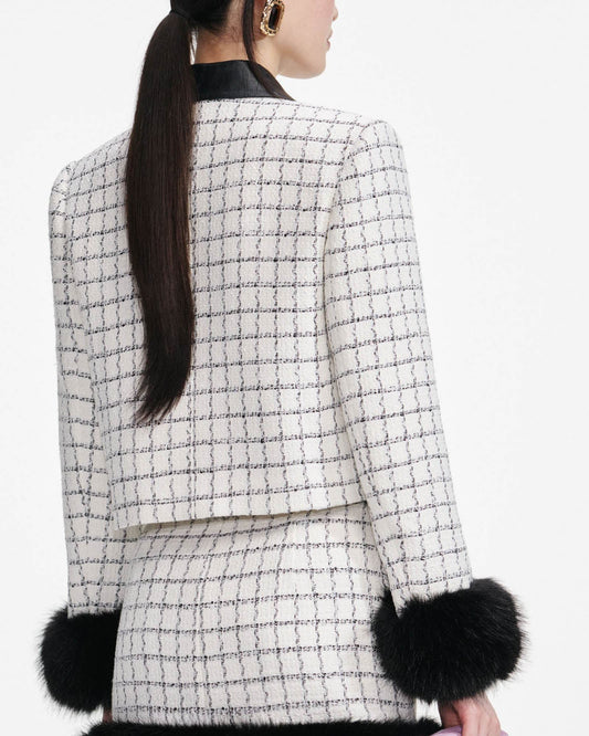 Black and white checkered tweed short jacket