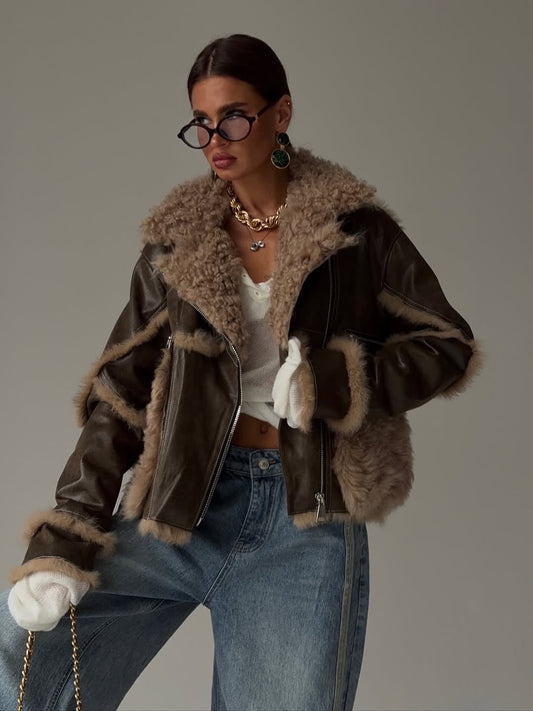 Olive-colored leather wool motorcycle jacket