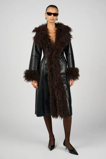 Black Leather Coat with Brown Fur Trim