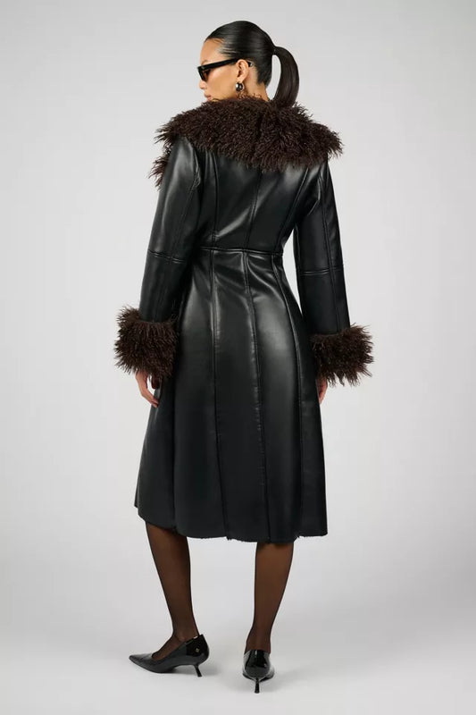 Black Leather Coat with Brown Fur Trim
