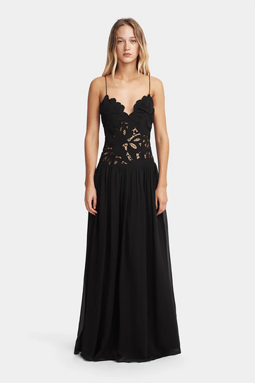 Black sleeveless floral cutout long dress