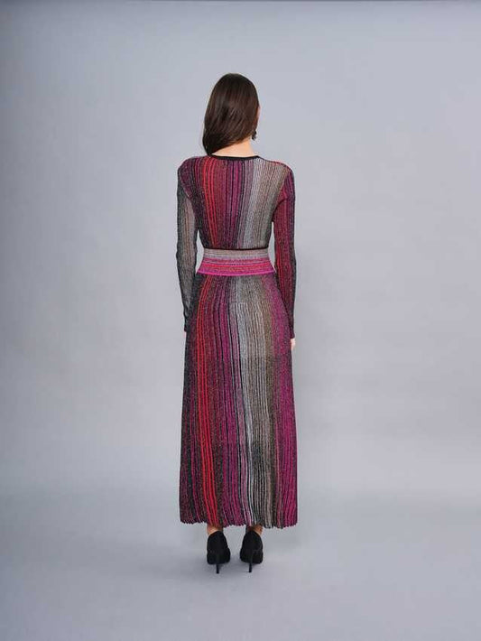 Multi-colored ribbed knit wrap maxi dress