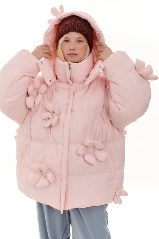 Down jacket with 3D flower embellishments