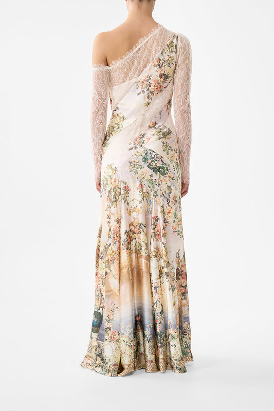 Floral print one-shoulder lace maxi dress