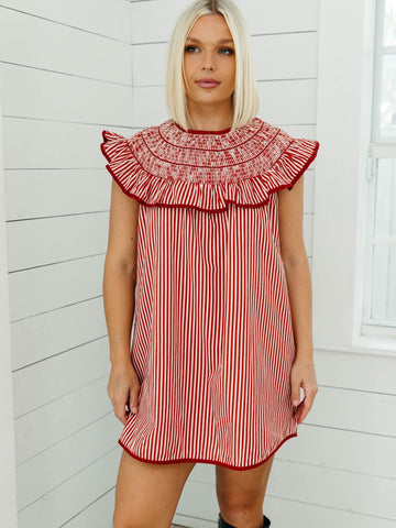 Striped ruffled neckline dress