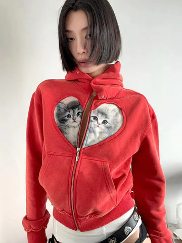 Split Heart Cat Print Hoodie