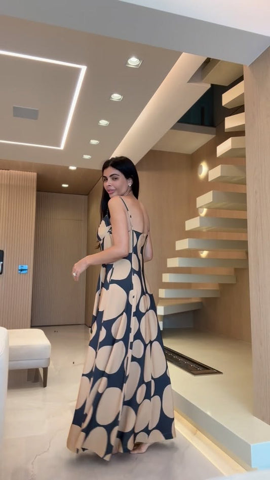 Beige and black abstract print slip dress