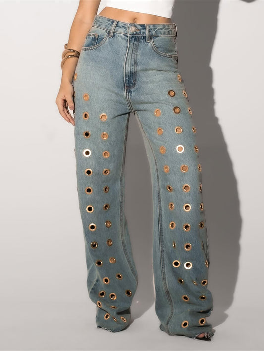 Gold openwork denim jeans