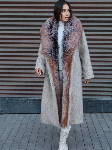Gradient fox fur collar wool coat