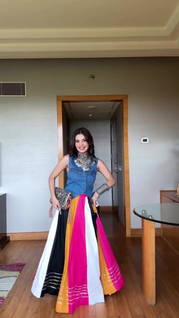 Bohemian Color Block Striped Skirt Denim Vest Set