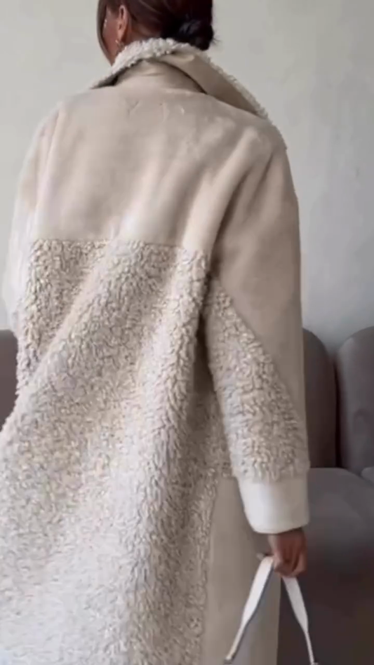 Cream Sherpa Trim Double-Breasted Coat