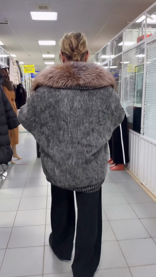 Gray Textured Faux Fur Coat