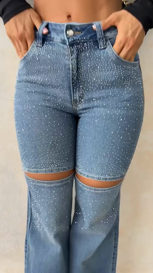 Rhinestone-Studded Cutout Flared Jeans