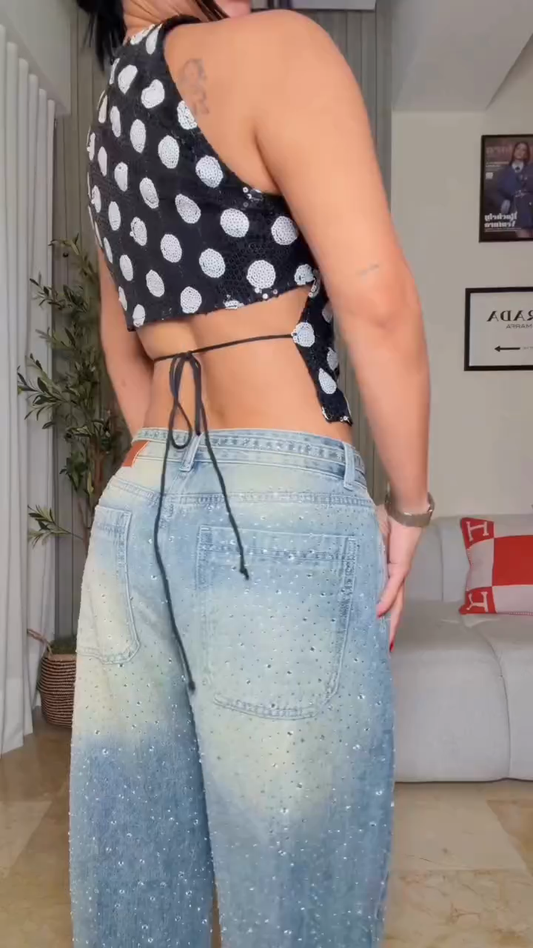 Light-colored washed sequined wide-leg jeans