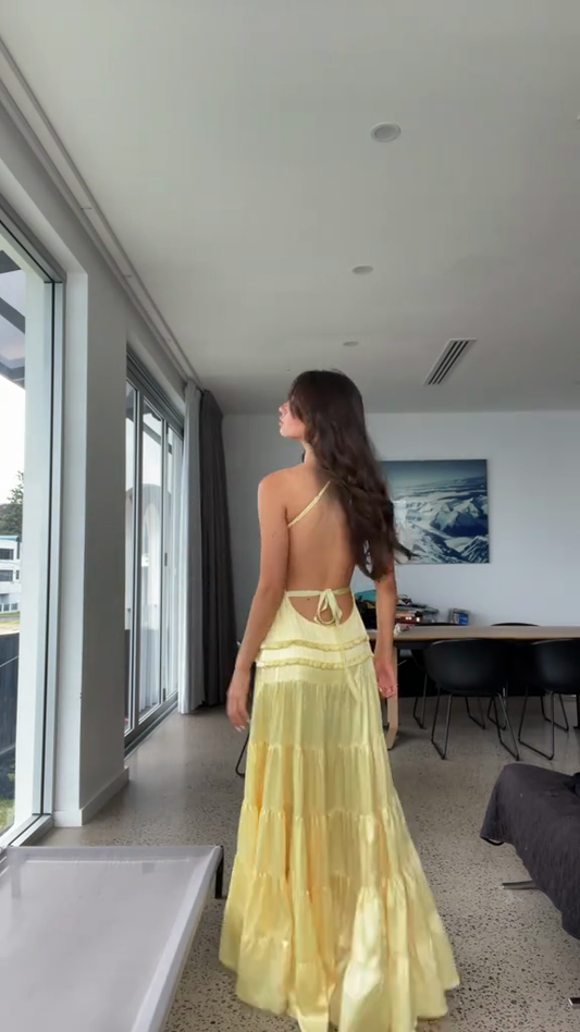 Yellow one-shoulder layered maxi dress