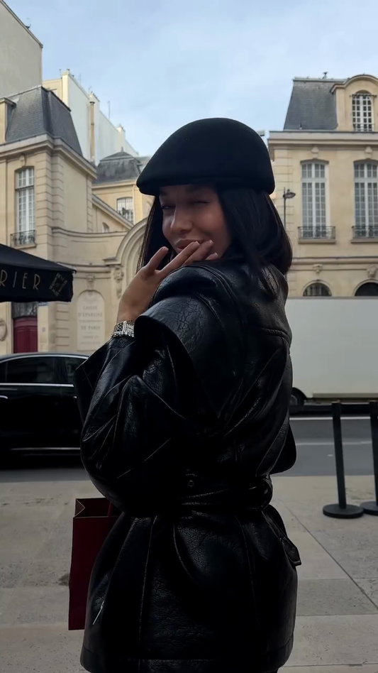 Black slim-fit belted leather jacket