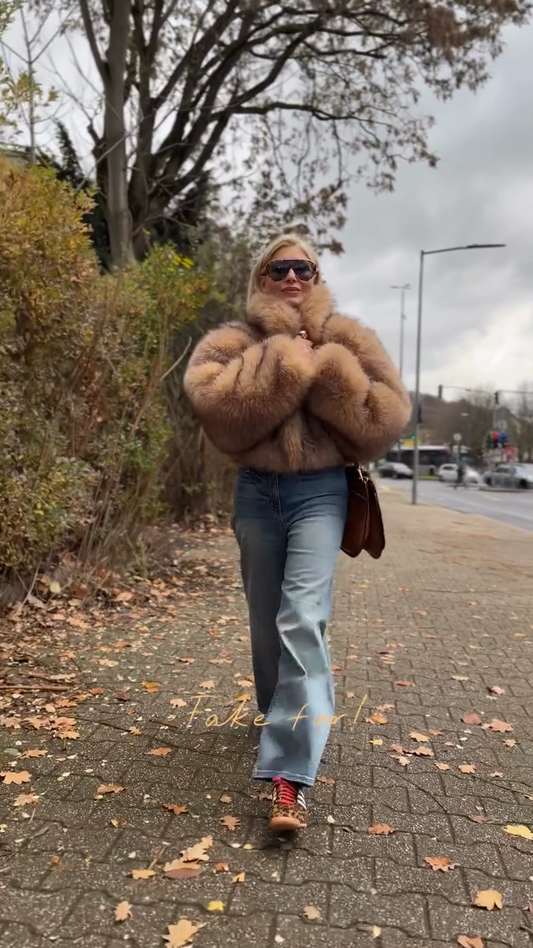 Gradient brown faux fur shawl collar coat