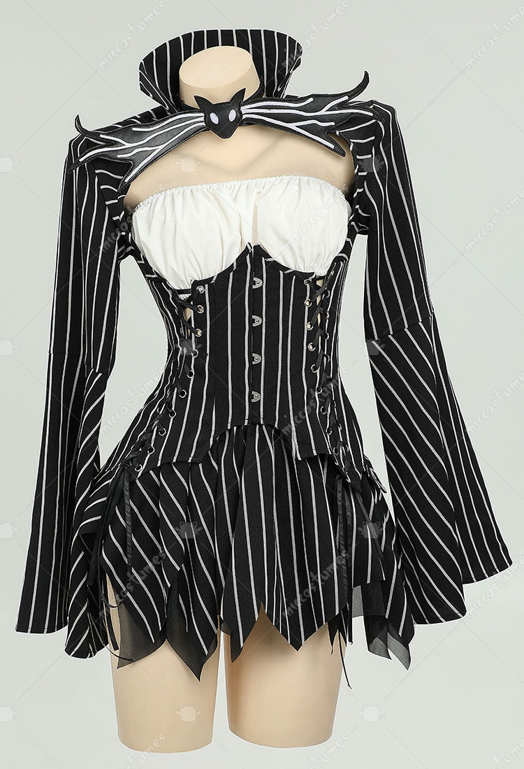 Gothic black and white striped dress and gloves