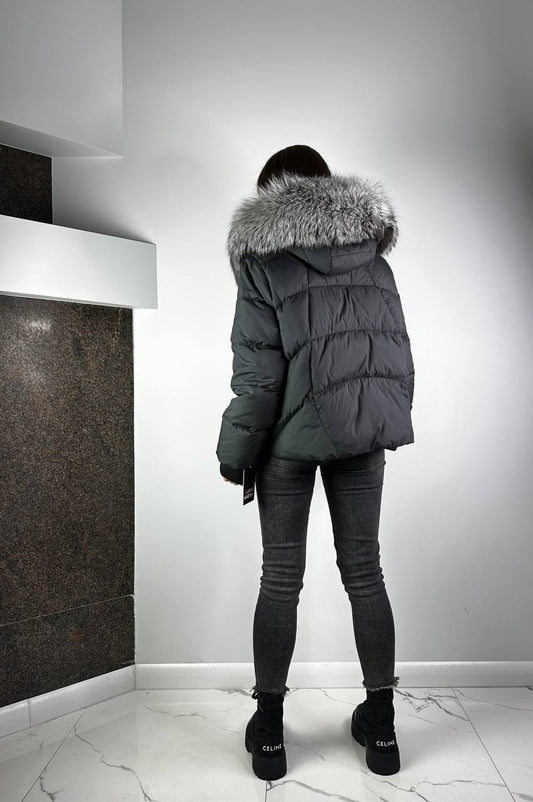 Silver fox fur hooded down jacket