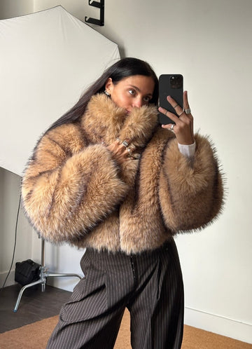 Gradient brown faux fur shawl collar coat